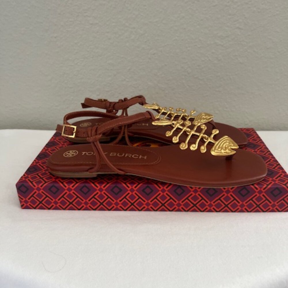 Tory Burch Brown Leather T-Strap Sandals with Gold Hardware - Picture 11 of 11